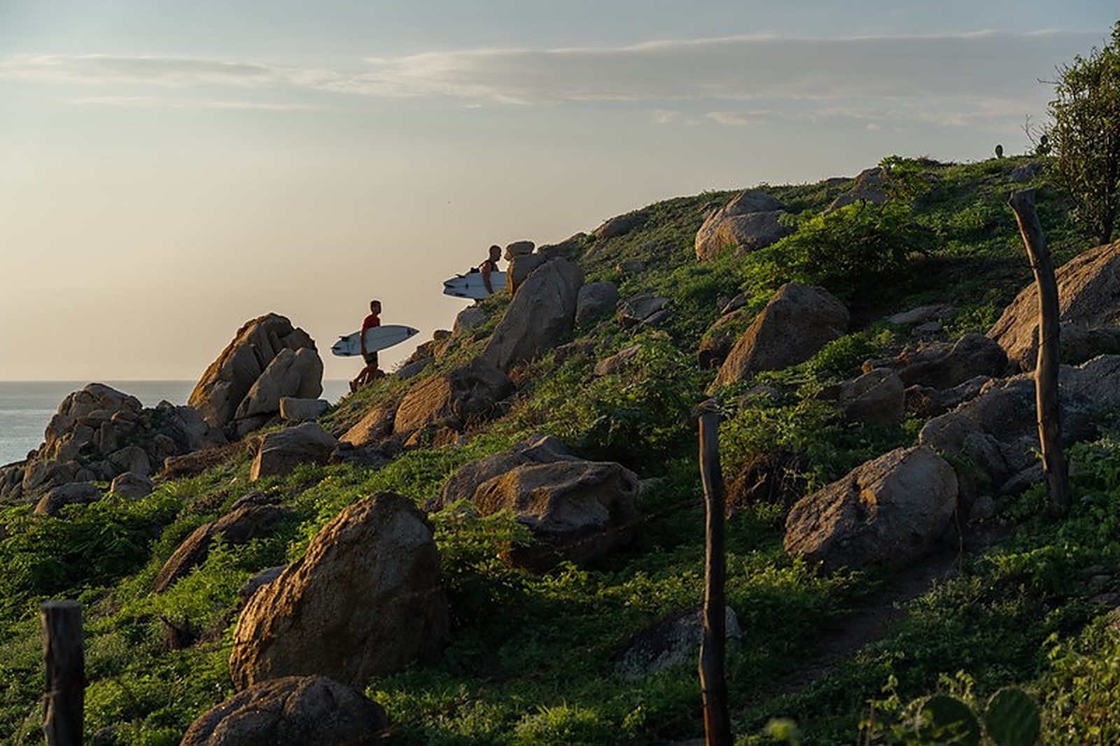 Loma con surfistas al atardecer